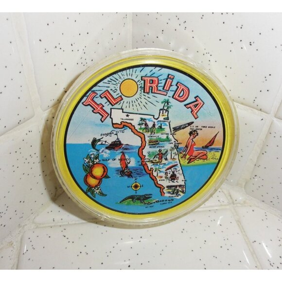 Vintage Florida Round Playing Cards in Celluloid Case souvenir full deck tiki - Picture 1 of 12